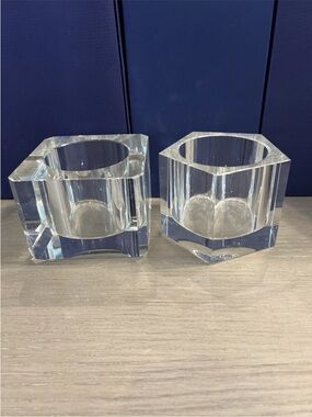 Set Of 2 Lead Crystal Large Candle Holders Pentagon And Square